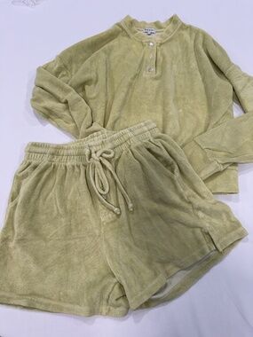 Donni Terry Henley Sweatshirt & Terry Short Set Matcha Green Made in USA S